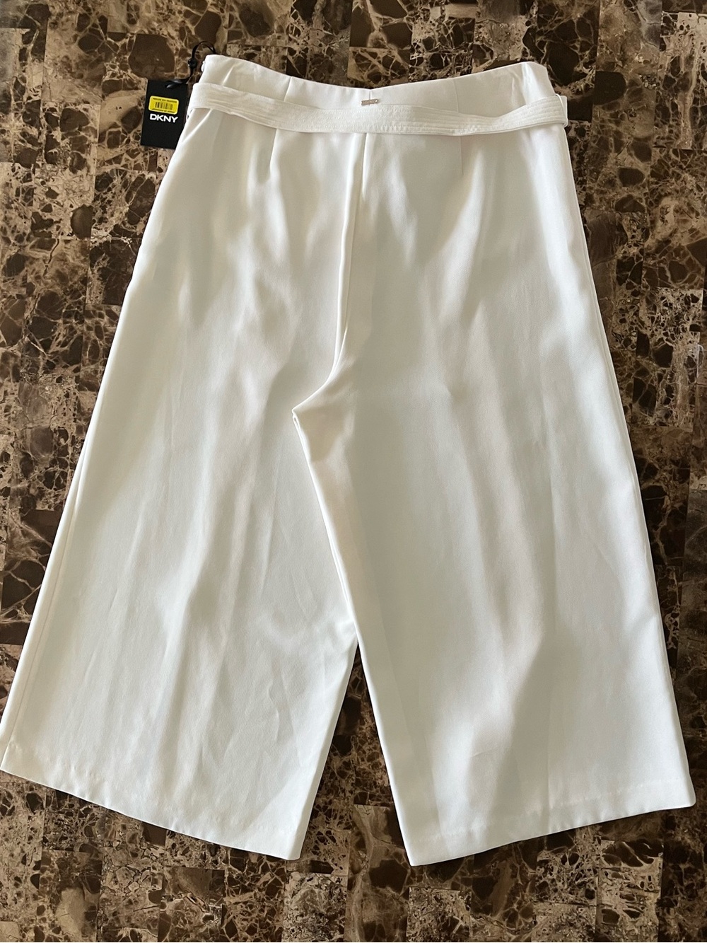 DKNY High-Waist High Drape 
Split-Leg Ivory Pants with Tie Belt - Picture 5 of 12